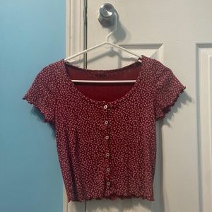 red crop top button down with white flowers, made in California, never worn